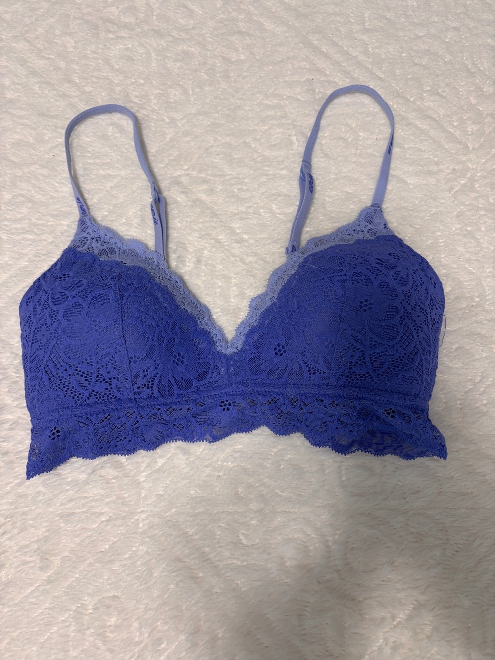 Aerie Real Happy Wireless Bralette Lace Padded 32C Royal Blue Marbled V Neckline
